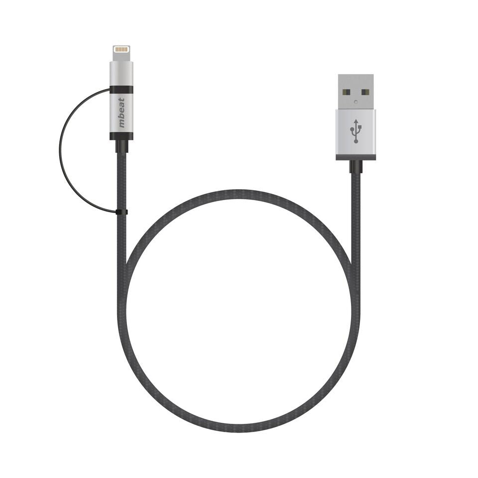 (LS) mbeat 1m Lightning and Micro USB Data Cable - 2-in-1 Aluminmum Shell Crush-Proof Nylon Braided Silver Apple Andriod Tablet Mobile Device