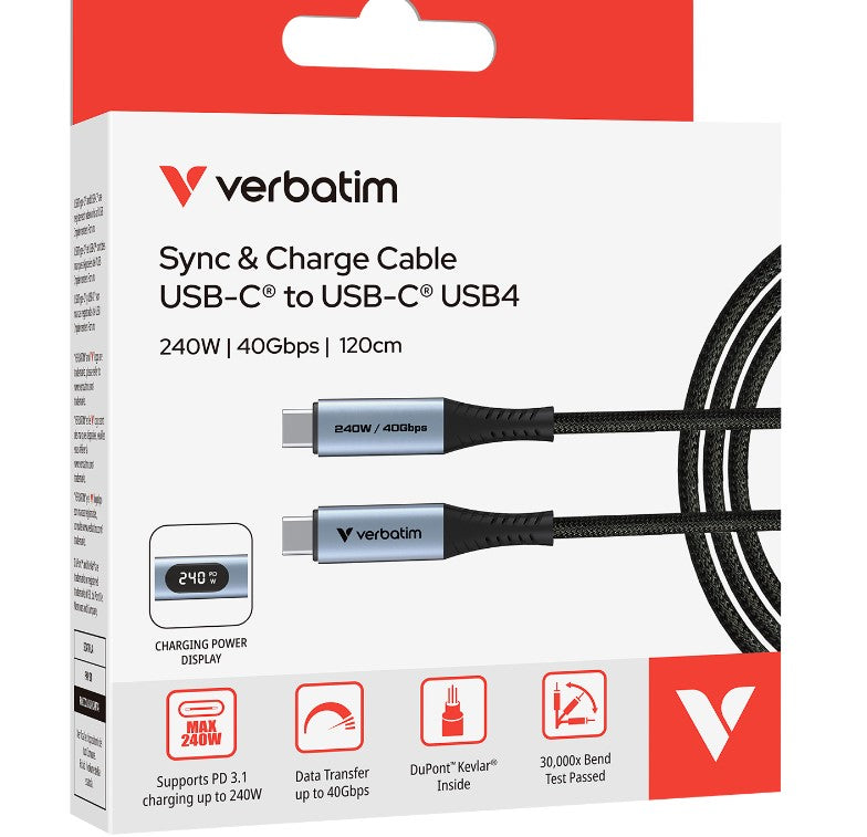 Verbatim Sync Charge USB C to USB C 240W 40 Gbps Display 120 cm