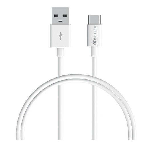 Verbatim Charge Sync USB-C Cable 1 Meter - White USB C to USB A. Durable Design. Fast Charge QC 2.0 and 3.0.