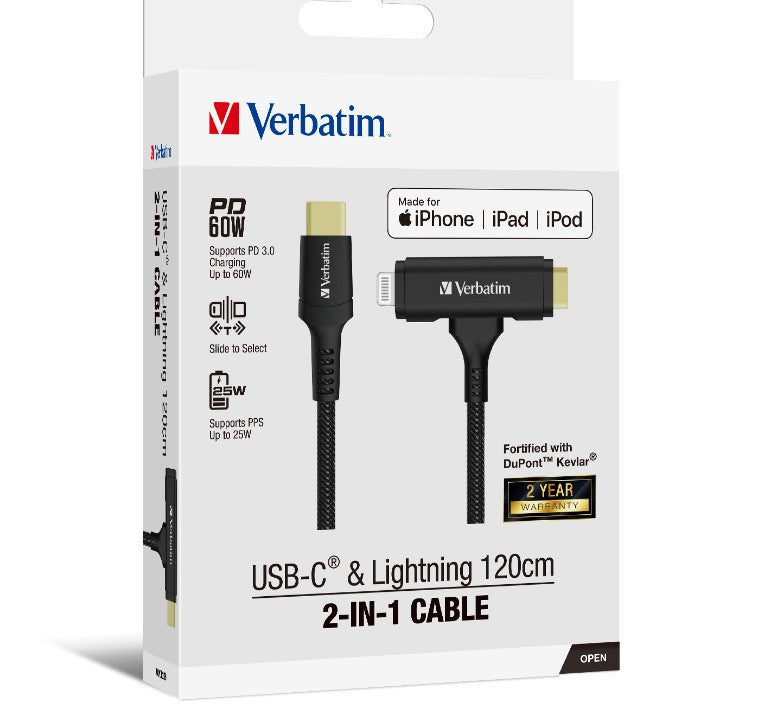 Verbatim 2-in-1 Cable Type C to C Lightning Kevlar Slide 120cm -BLK