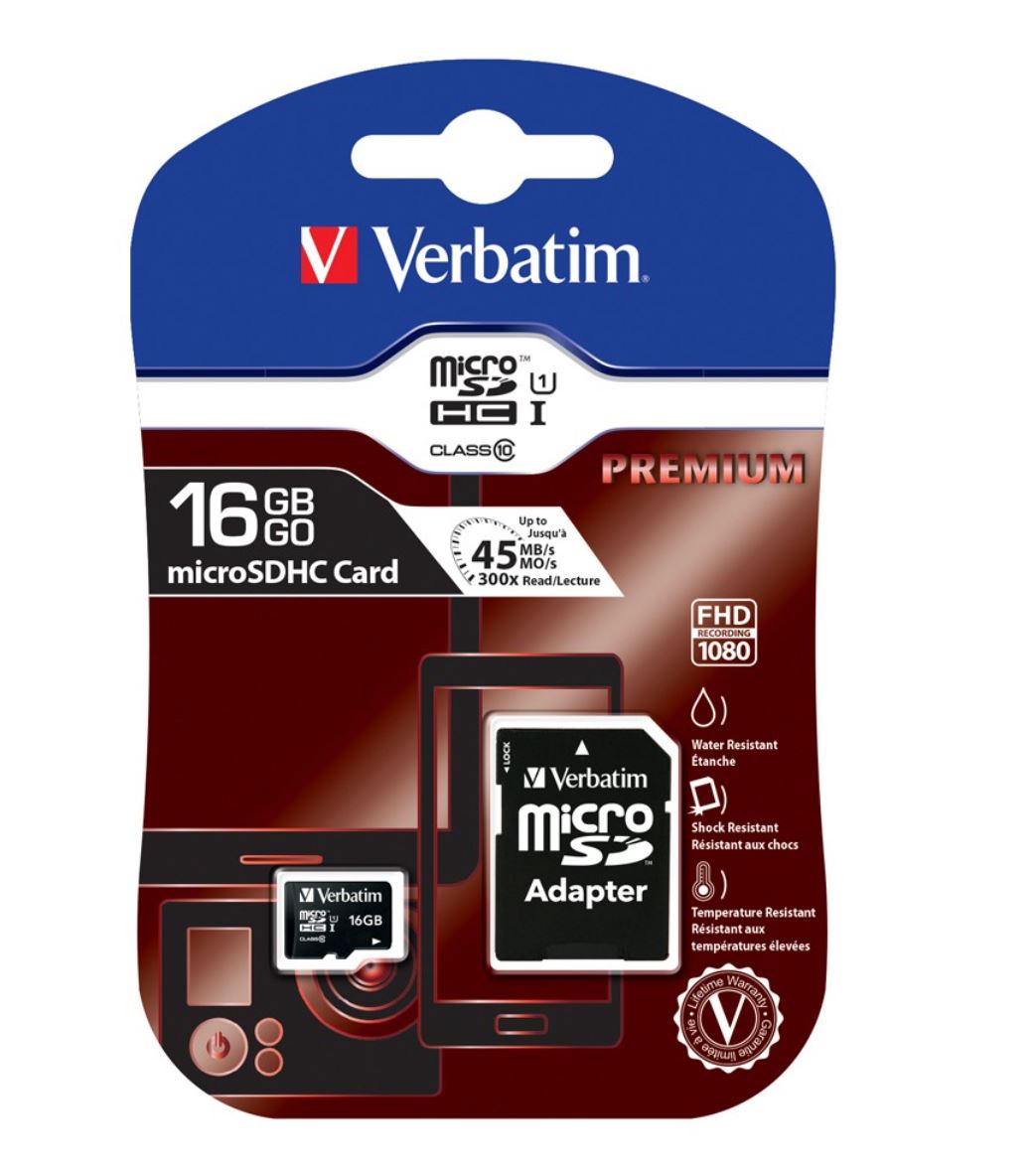 Verbatim Micro SDHC 16GB (Class 10) with Adaptor Up to 45MB Sec 300X read speed