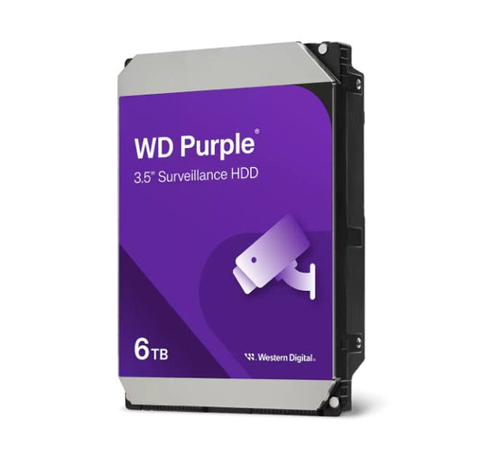 Western Digital WD Purple 6TB 3.5 ft Surveillance HDD 5400RPM 64MB SATA3 175MB s 180TBW 24x7 64 Cameras AV NVR DVR 1.5mil MTBF 3yrs