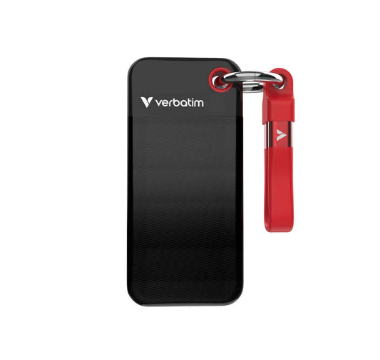 Verbatim 1TB Pocket SSD USB 3.2 Gen 2 1TB Black Red Convenient Keyring cable holder. Compact, Rugged. Ultra Lightweight Performance 58g Portable B