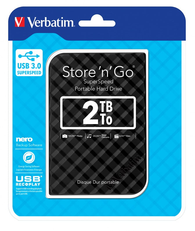 Verbatim 2TB 2.5 ft USB 3.0 Black Store ftn ftGo HDD Grid Design, Ultra Portable, High Speed Capacity. Backup and Store Nero Backup Software