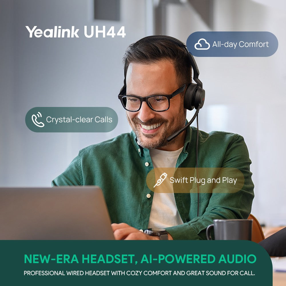 Yealink UH44 Dual UC USB-C A Unified Communications USB Wired Headset Dual Noise-Canceling Microphones 35mmSpeaker Busylight Leather Ear Cushions