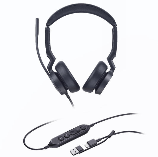 Yealink UH46 Dual Teams USB-C A Microsoft Certified Teams USB Wired Headset 3-Noise-Canceling Microphones 35mm Speaker Busylight Leather Controller