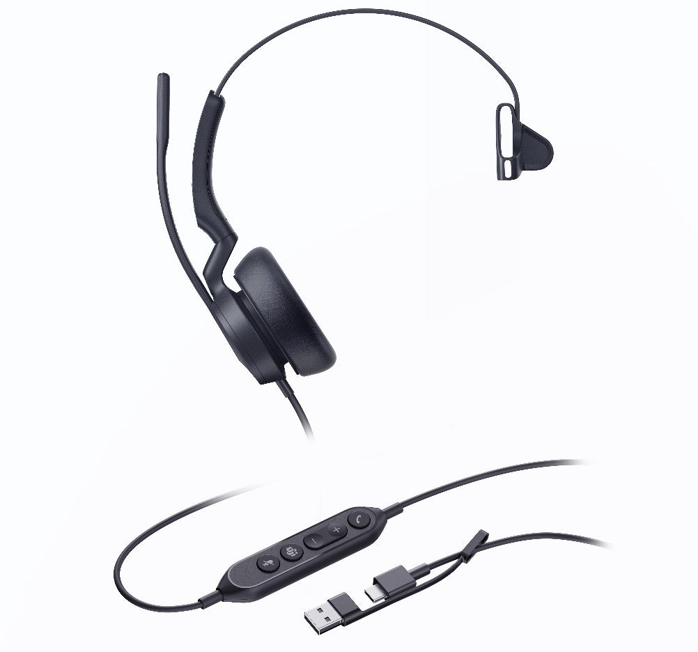 Yealink UH46 Mono Teams USB-C A Microsoft Certified Teams USB Wired Headset 3-Noise-Canceling Microphones 35mm Speaker Busylight Leather Controller