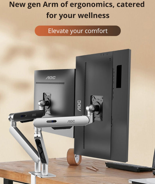 (LS)AOC AM420S Dual Mount Sliver 2-9kg per Arm, 17-34 ft VESA 75 and 100. Clamp and Grommet mount, Mechanical Spring, Monitor Arm