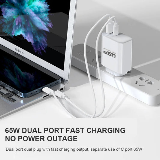 USP Dual Port PD 65W GaN Fast Wall Charger USB-C USB-A for Phone Laptop, Intelligent,Travel Ready,PPS Technology