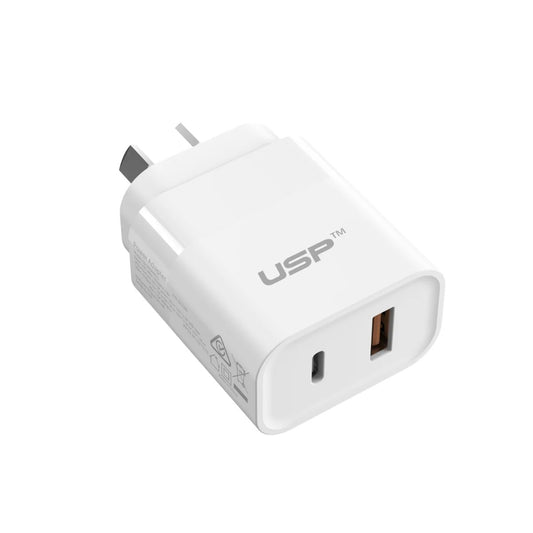 USP 30W Dual Ports (USB-C PD USB-A QC3.0) Fast Wall Charger - Safe Charge,Compact, Travel Ready, Charge 2 Devices Simultaneously, FireProof Material