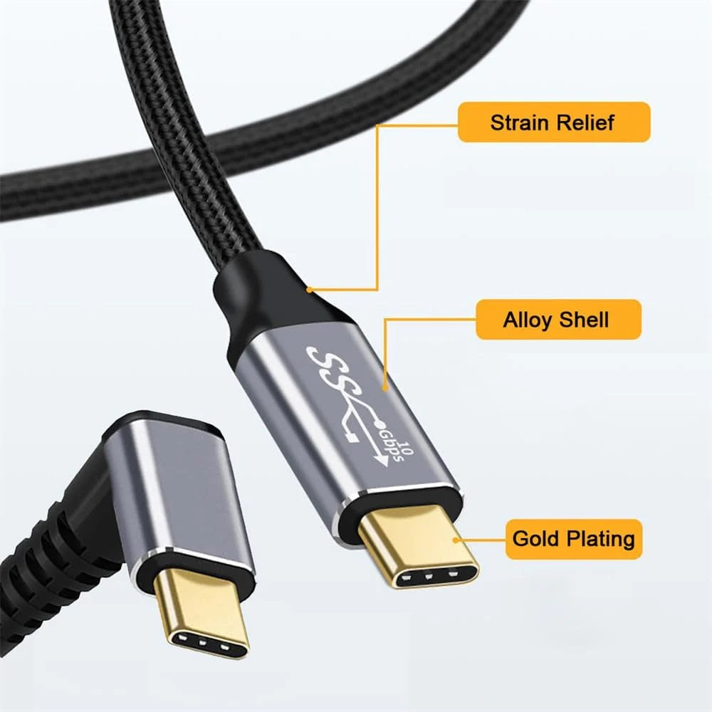 Pisen Braided USB-C to USB-C Right Angle Cable (1M) - Black, 100W Power, Support 10Gbps Data Speed, Reversible Design