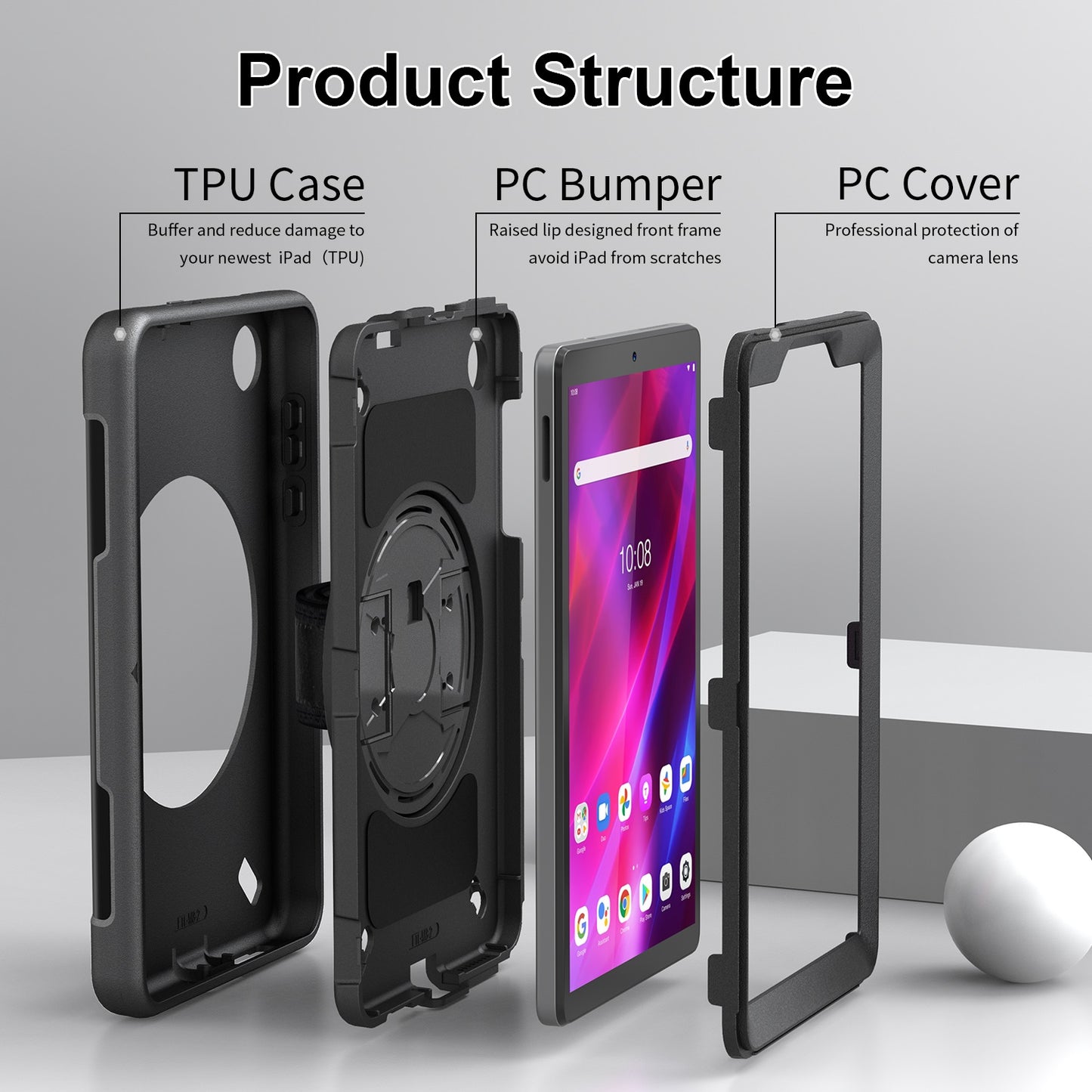 USP Rugged Lenovo Tab M8 (4th Gen) (8 ft) (TB-300) Case Screen Protector Black - Built-in-Kickstand, Adjustable Hand Strap, Shoulder Strap