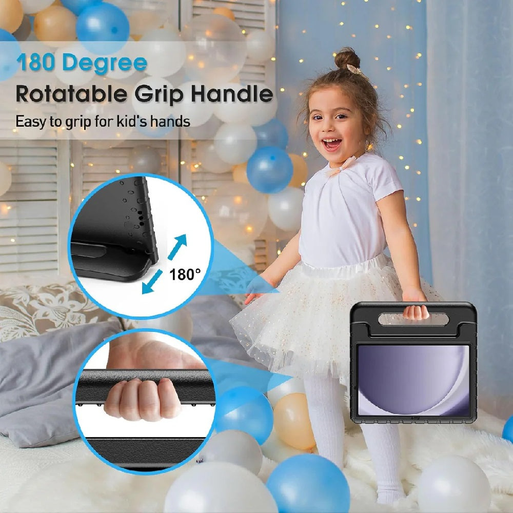 Pisen Samsung Galaxy Tab A9 (11 ft) Kid Friendly Case Black - Shockproof, Raised Edges, 180 degree Rotation, Portable Lightweight, Perfect for Kid