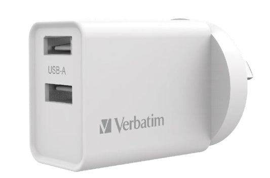 Verbatim USB Charger Dual Port 2.4A each Total 5v 3.4A White Wall Charger, Rohs, CE, Apple, Android, tablet, Handheld. OC, OV, SS, OT, Fire Resistant.