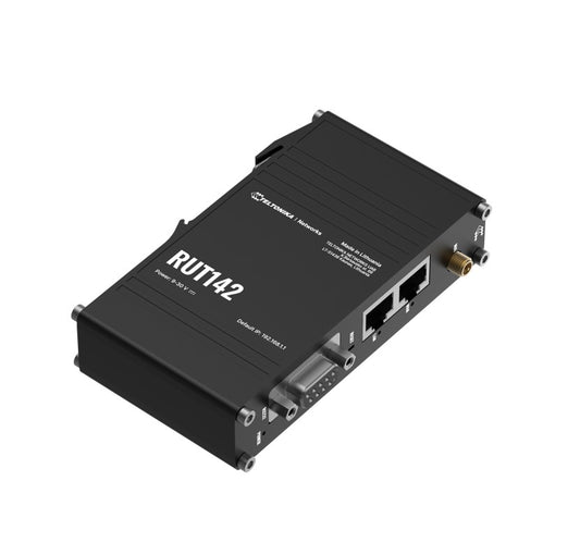 Teltonika RUT142 Industrial Router, Wi-Fi 4, RS232 for Serial Communication, Integrated DIN Rail Bracket, 3-Pin Power Connector, PSU excluded