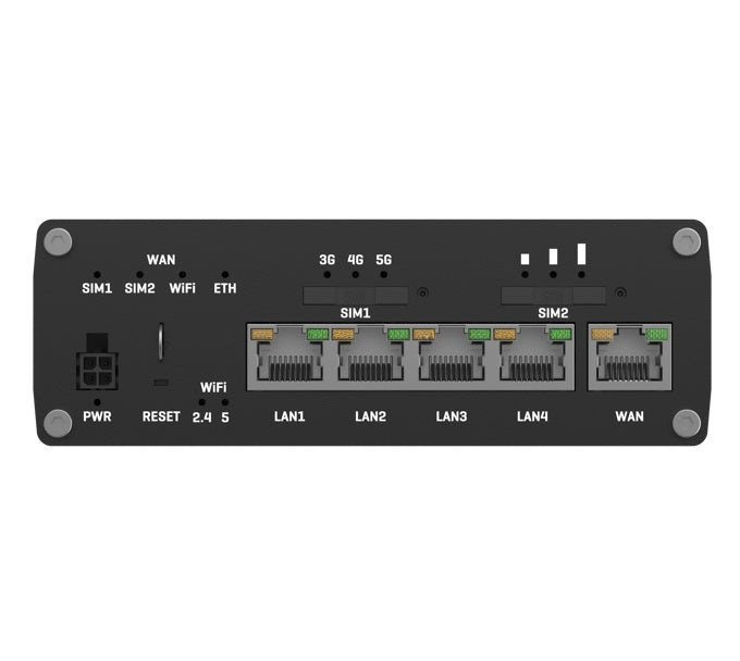 Teltonika RUTX50 Industrial 5G Router, 5G dual SIM cellular, 5 Gigabit Ethernet ports, dual-band WI-Fi, PSU included
