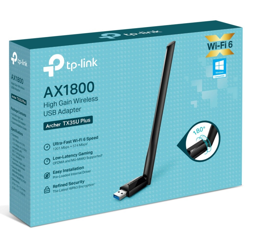 TP-Link Archer TX35U Plus AX1800 High Gain Wireless USB Adapter, 1201 Mbps at 5 GHz 574 Mbps at 2.4 GHz, 1 High Gain External Antenna, USB 3.0
FEA