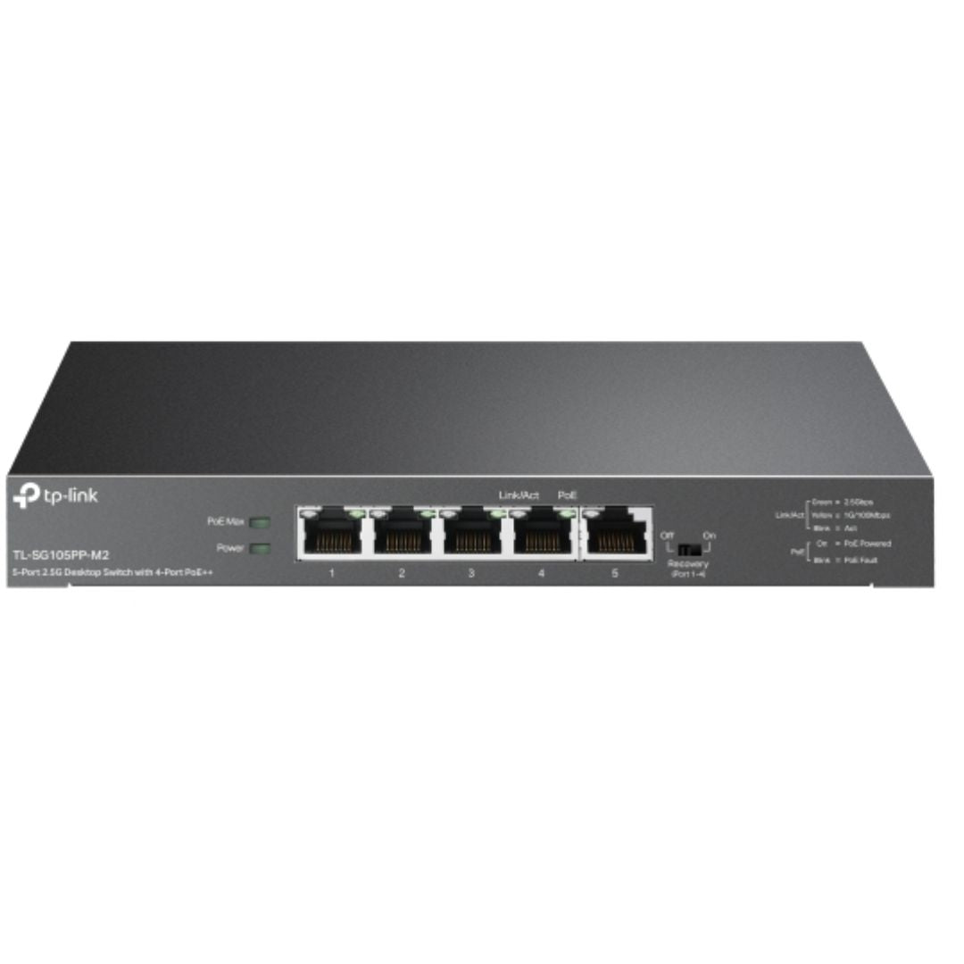 TP-Link TL-SG105PP-M2 5-Port 2.5G Desktop Switch with 4-Port PoE, 4 2.5G PoE Ports, 1x 2.5G Non-PoE Port, PoE Auto Recovery for Port1-4, Plug and