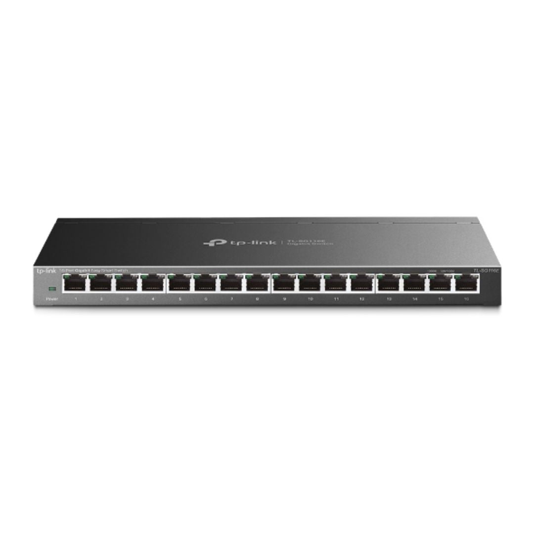 TP-Link TL-SG116E 16-Port Gigabit Unmanaged Pro Switch Desktop Wall Mounting L2 Features 32xVLAN 32Gbps Capacity 23.81Mpps 8K MAC 4.1Mb Buffer Fanless