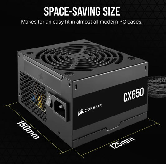 (LS)Corsair CX650 650W, 80 PLUS Bronze Certified, Up to 88pct Efficiency, Compact 125mm design easy fit and airflow, ATX PSU 2024