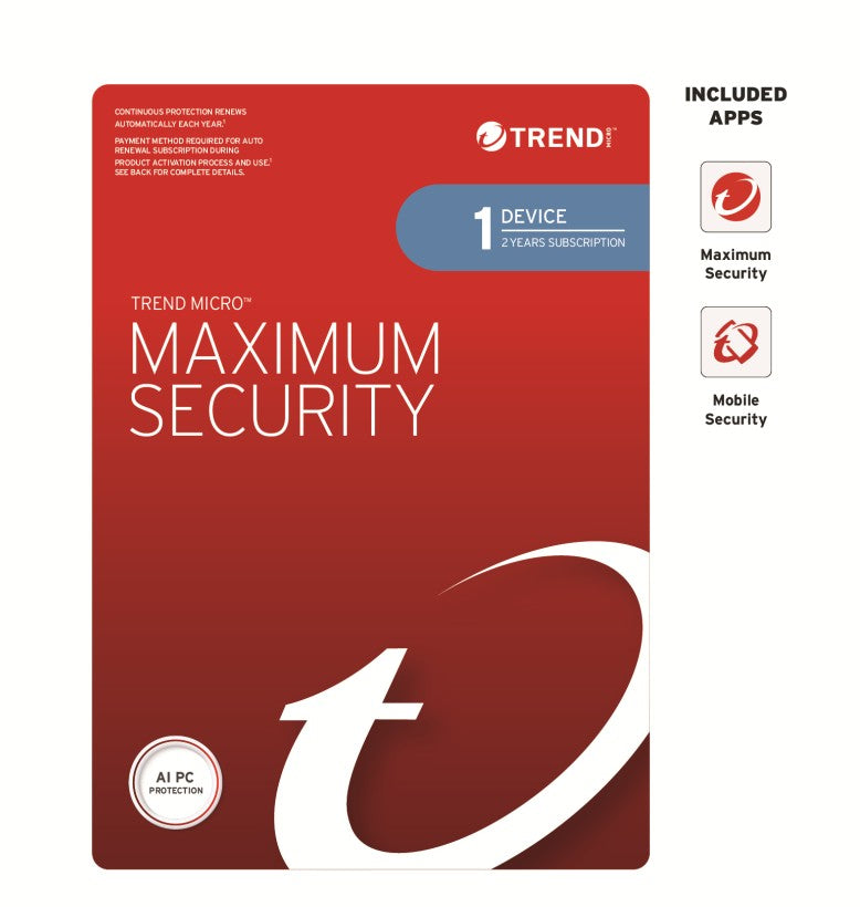 Trend Micro Maximum Security (1 Device) 2 Year Retail Mini Box Auto Renew