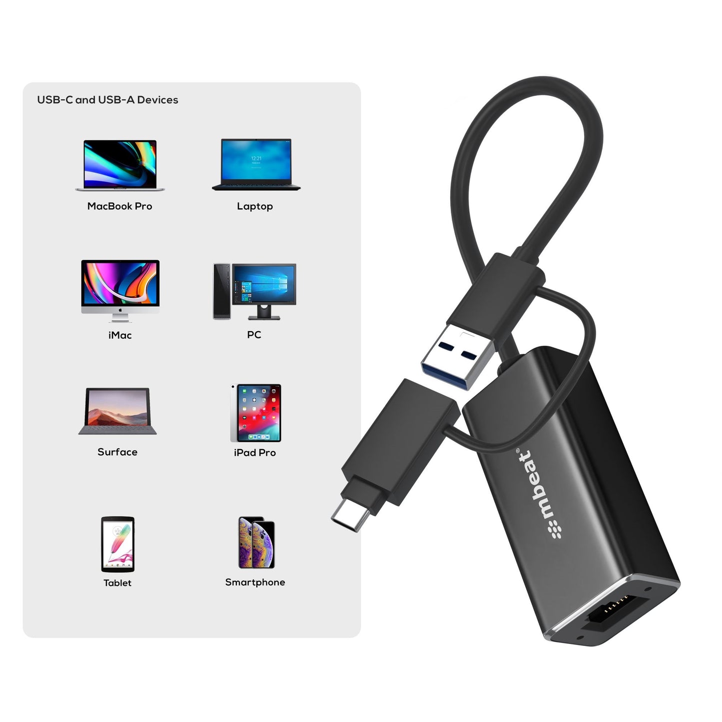 mbeat 2-in-1 USB 3.1 Gigabit LAN Adapter with USB-C Converter USB 3.1 RJ45 Transfer Speed: 10 100 1000Mbps Weight: 32.6g