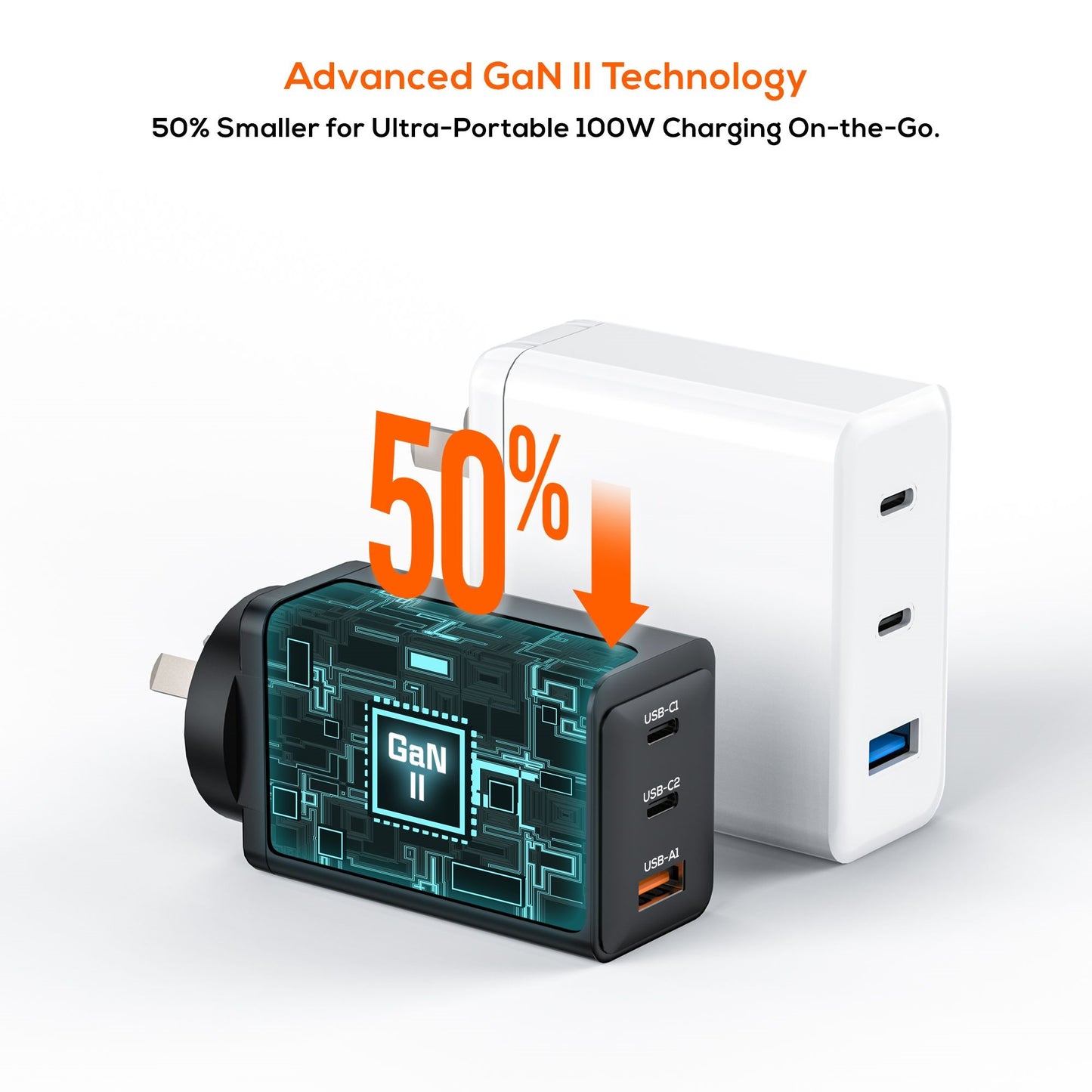 mbeat Gorilla Power PD 100W GaN II USB-C Charger 50pct smaller than the standard Supports a wide range of devices Product Weight: 180g