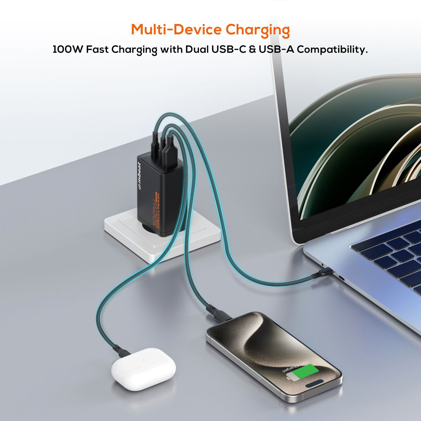 mbeat Gorilla Power PD 100W GaN II USB-C Charger 50pct smaller than the standard Supports a wide range of devices Product Weight: 180g