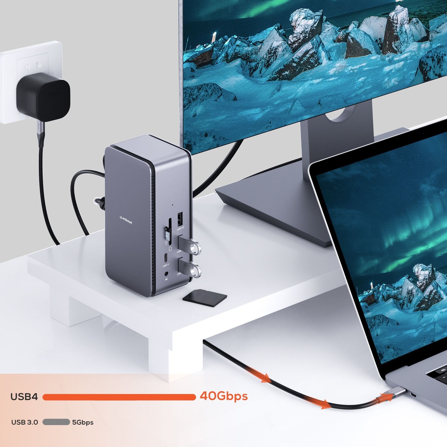 (LS) mbeat 14 in 1 USB 4 Docking Station with 8k Video 40Gbps 1x USB-C 1x DP 1.4 1x HDMI 2.1 3.2 3x USB-A 3.2 1x USB-C PD 3x USB 2 Card Readers AUX