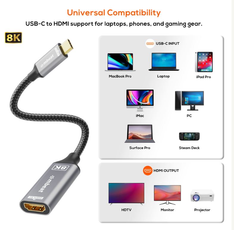 mbeat Tough Link 8K USB-C to HDMI Adapter - Space Grey Up to 48Gbps (HDMI 2.1) Up to 8K (7680 x 4320) 60Hz