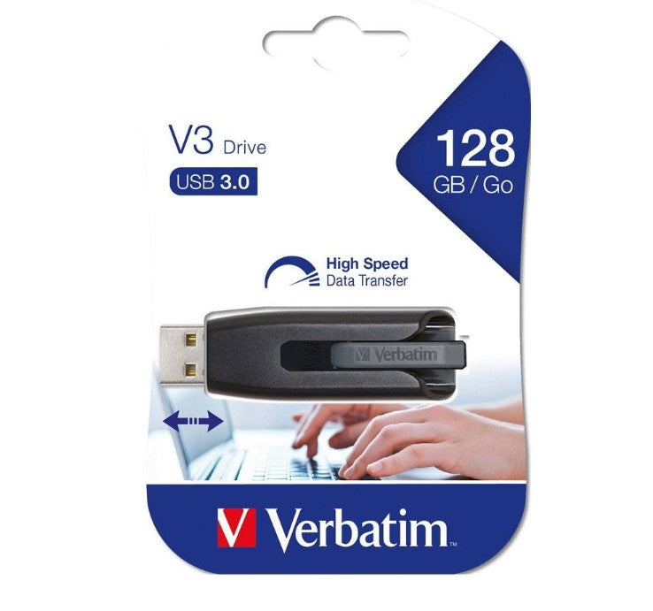 Verbatim Store ftn ftGo V3 USB 3.2 SuperSpeed Drive 128GB - Backup Storage, Grey, Windows, Mac, Linux Compatible.