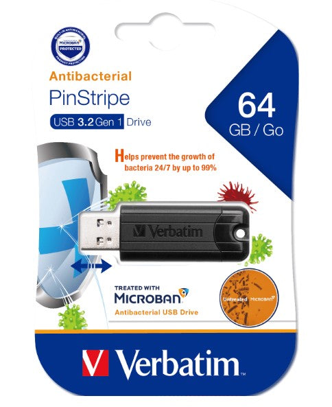 Verbatim 64GB Antibacterial Pinstripe USB 3.0 Drive (with Microban) Black