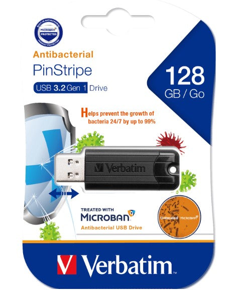 Verbatim 128GB Antibacterial Pinstripe USB 3.0 Drive (with Microban) Black