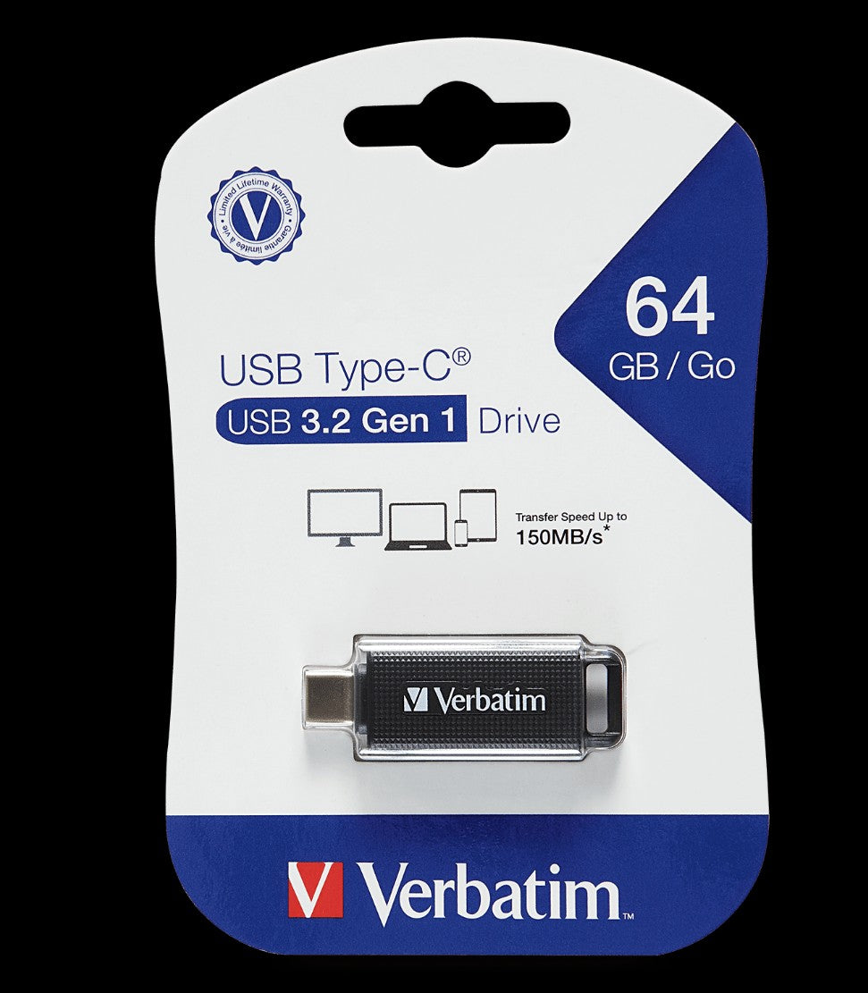 Verbatim 64GB Type-C USB 3.2 Flash Drive - Black Retail Pack 70903 Ultra Fast Transfer, Compact and Light weight design