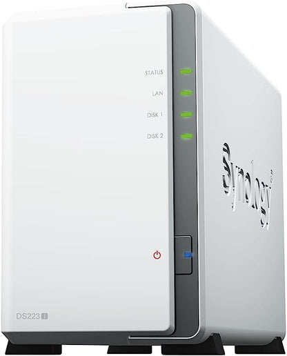 Synology DiskStation DS223J 2-Bay 3.5 ft SATA HDD  2.5 ft SATA SSD   4-core 1.7 GHz    1 GB DDR4 non-ECC   2-year hardware warranty