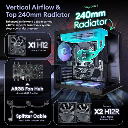 OKINOS Mirage 4 mATX ARGB Case, ARGB controller, 4x ARGB Fans. Ultimate thermal, Steel,2x USB3.0, 1x3.2 Gen2 USB-C, Black Tower Case