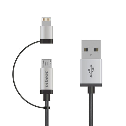(LS) mbeat 1m Lightning and Micro USB Data Cable - 2-in-1 Aluminmum Shell Crush-Proof Nylon Braided Silver  Apple Andriod Tablet Mobile Device