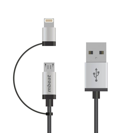 (LS) mbeat 1m Lightning and Micro USB Data Cable - 2-in-1 Aluminmum Shell Crush-Proof Nylon Braided Silver  Apple Andriod Tablet Mobile Device