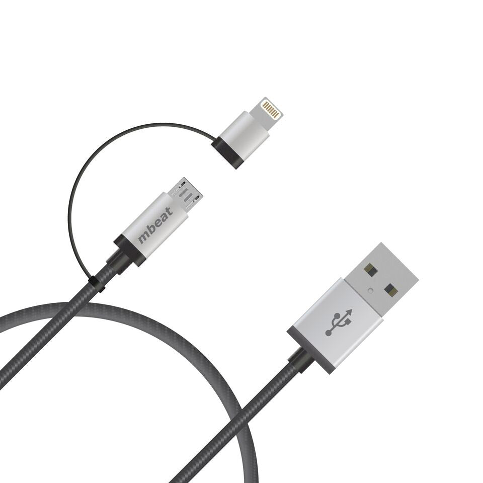 (LS) mbeat 1m Lightning and Micro USB Data Cable - 2-in-1 Aluminmum Shell Crush-Proof Nylon Braided Silver  Apple Andriod Tablet Mobile Device