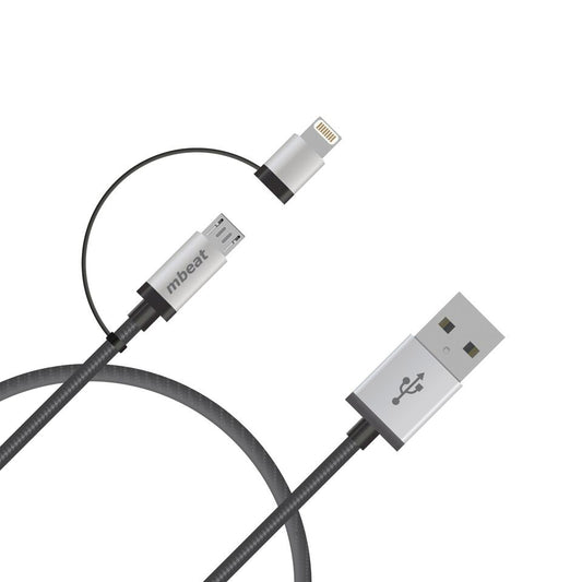 (LS) mbeat 1m Lightning and Micro USB Data Cable - 2-in-1 Aluminmum Shell Crush-Proof Nylon Braided Silver  Apple Andriod Tablet Mobile Device