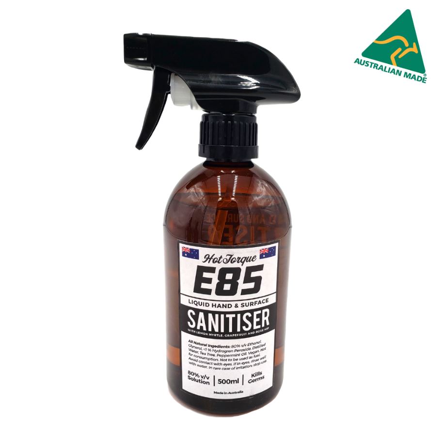 HotTorque E85 Hand  Surface Sanitiser 500ml, 80pct Ethanol, 100pct Australian Made, WHO  TGA Standard, Natural Ingredients, Tea Tree  Peppermint Oil