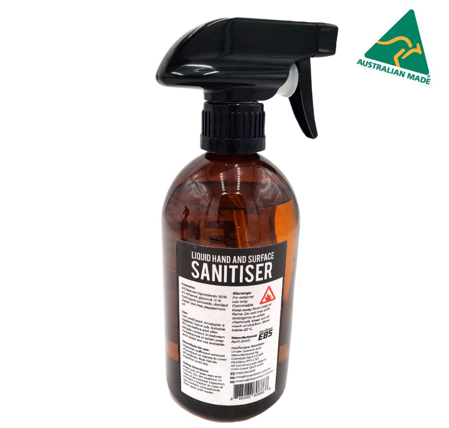 HotTorque E85 Hand  Surface Sanitiser 500ml, 80pct Ethanol, 100pct Australian Made, WHO  TGA Standard, Natural Ingredients, Tea Tree  Peppermint Oil