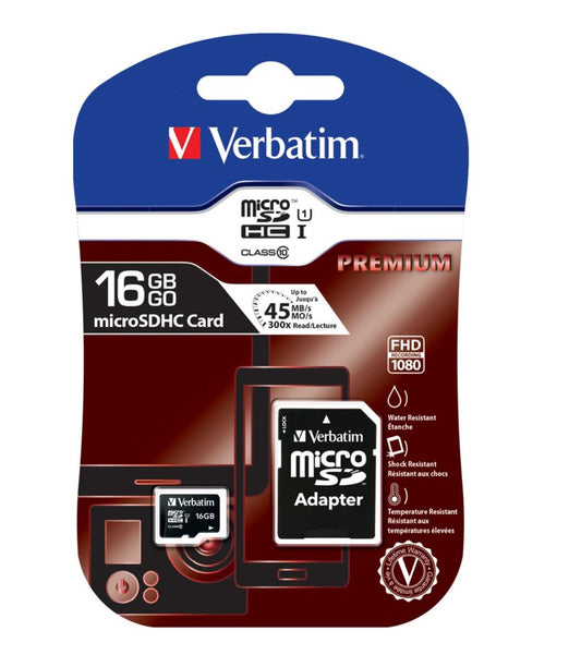 Verbatim Micro SDHC 16GB (Class 10) with Adaptor Up to 45MB Sec 300X read speed