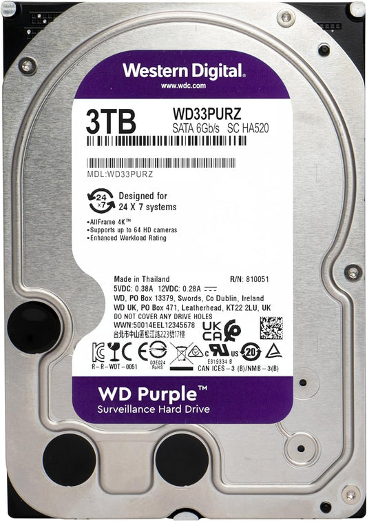 Western Digital WD Purple 3TB 3.5 ft SATA Surveillance HDD 256MB Cache 3-Year Limited Warranty