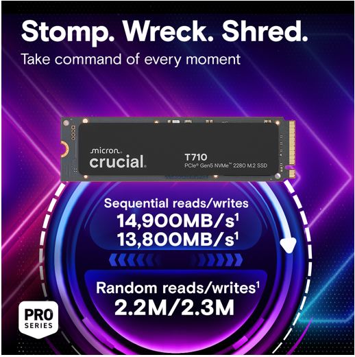 Crucial T710 4TB PCIe Gen5 NVMe 2280 SSD - 14500 13800 MB s R W 2400TBW 1500K IOPs 1.5M hrs MTTF with DirectStorage for Intel  AMD