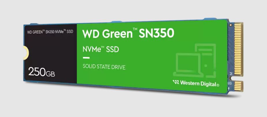 Western Digital WD Green SN350 250GB M.2 NVMe SSD PCIe 3.0x4 2400MB s 1500MB s R W 300K 300K IOPS 40TBW 1M Hrs MTTF 3Y WTY (WDS250G2G0C)