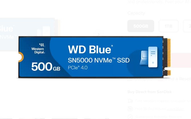 Western Digital WD Blue SN5000 NVMe 500GB SSD M.2 2280, 5,000MB s R 4,000MB s W, 460K IOPS R   770K IOPS W, PCIe Gen4 x4, 5-Y Warranty