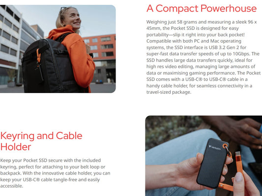 Verbatim 1TB Pocket SSD USB 3.2 Gen 2 1TB Black Orange Convenient Keyring cable holder. Compact, Rugged. Ultra Lightweight Performance 58g Portable B