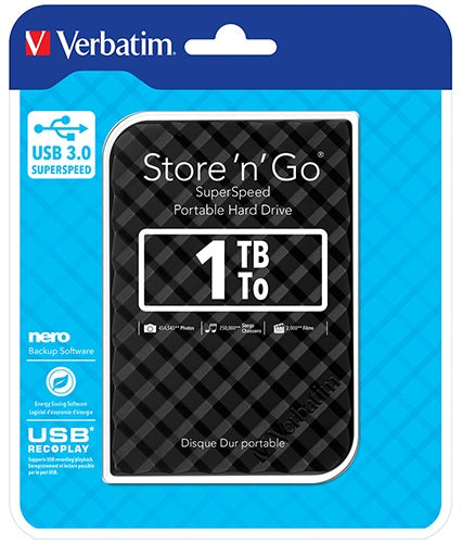 Verbatim 1TB 2.5 ft USB 3.0 Black Store ftn ftGo HDD Grid Design, Ultra Portable, High Speed  Capacity. Backup and Store  Nero Backup Software