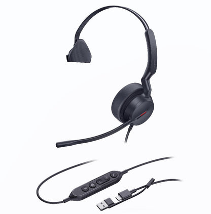 Yealink UH44 Mono Teams USB-C A Microsoft Certified USB Wired Headset, Dual Noise-Canceling Microphones, 35mm Speaker, Busylight Leather Ear Cushions